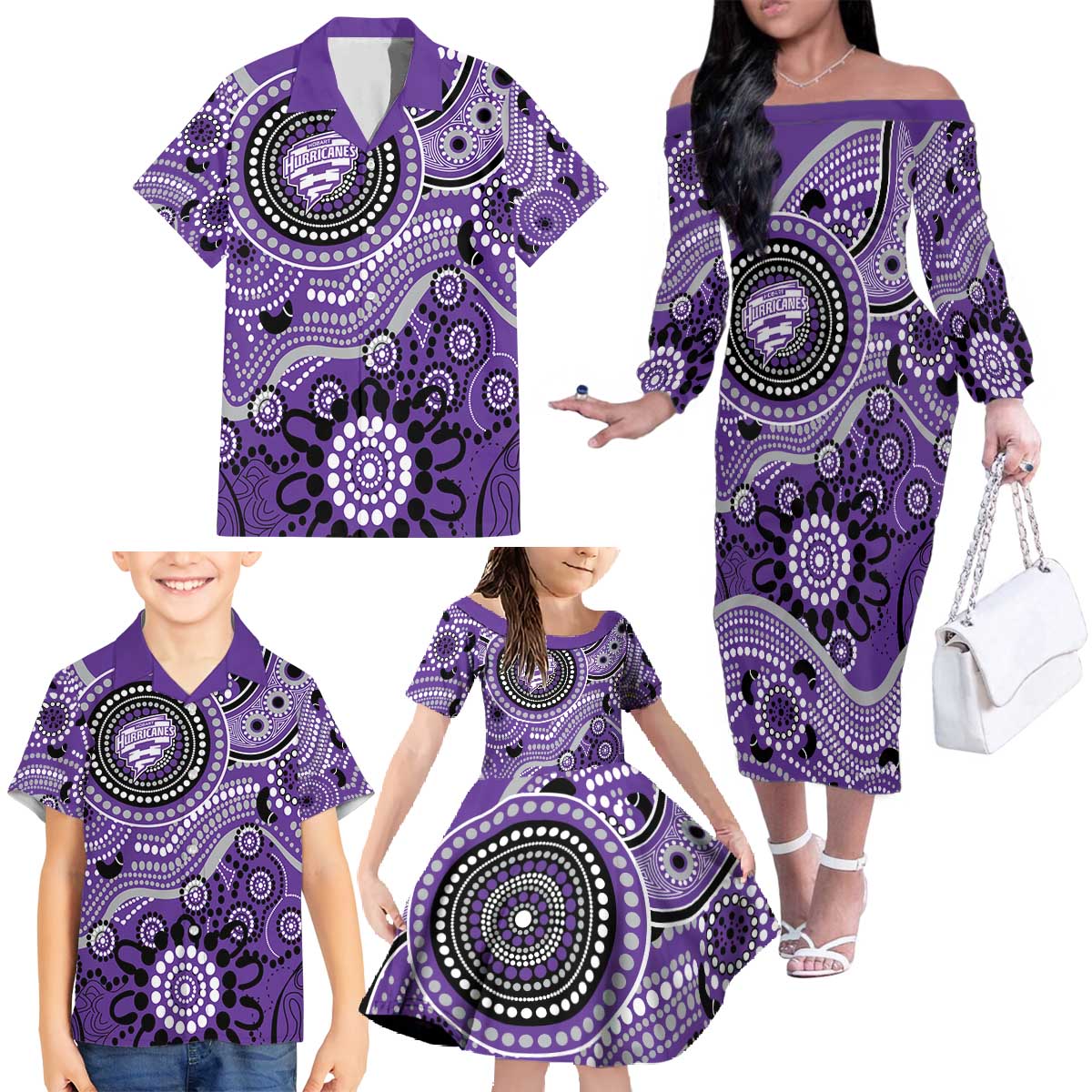 Hurricanes Cricket Custom Family Matching Off The Shoulder Long Sleeve Dress and Hawaiian Shirt Australian Aboriginal