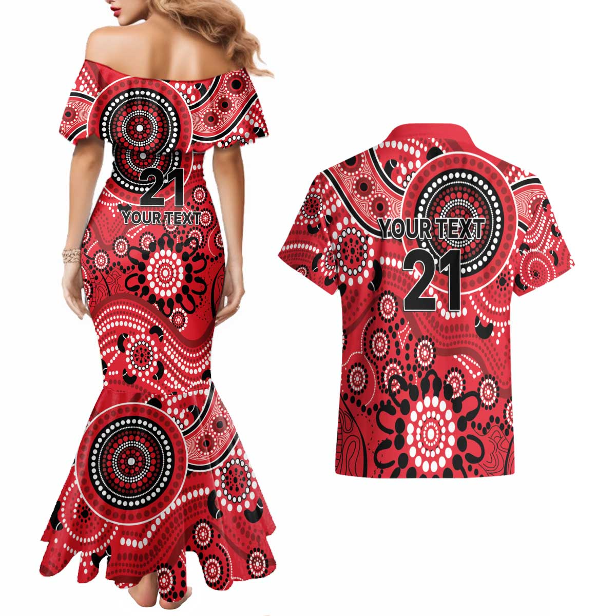 Renegades Cricket Custom Couples Matching Mermaid Dress and Hawaiian Shirt Australian Aboriginal