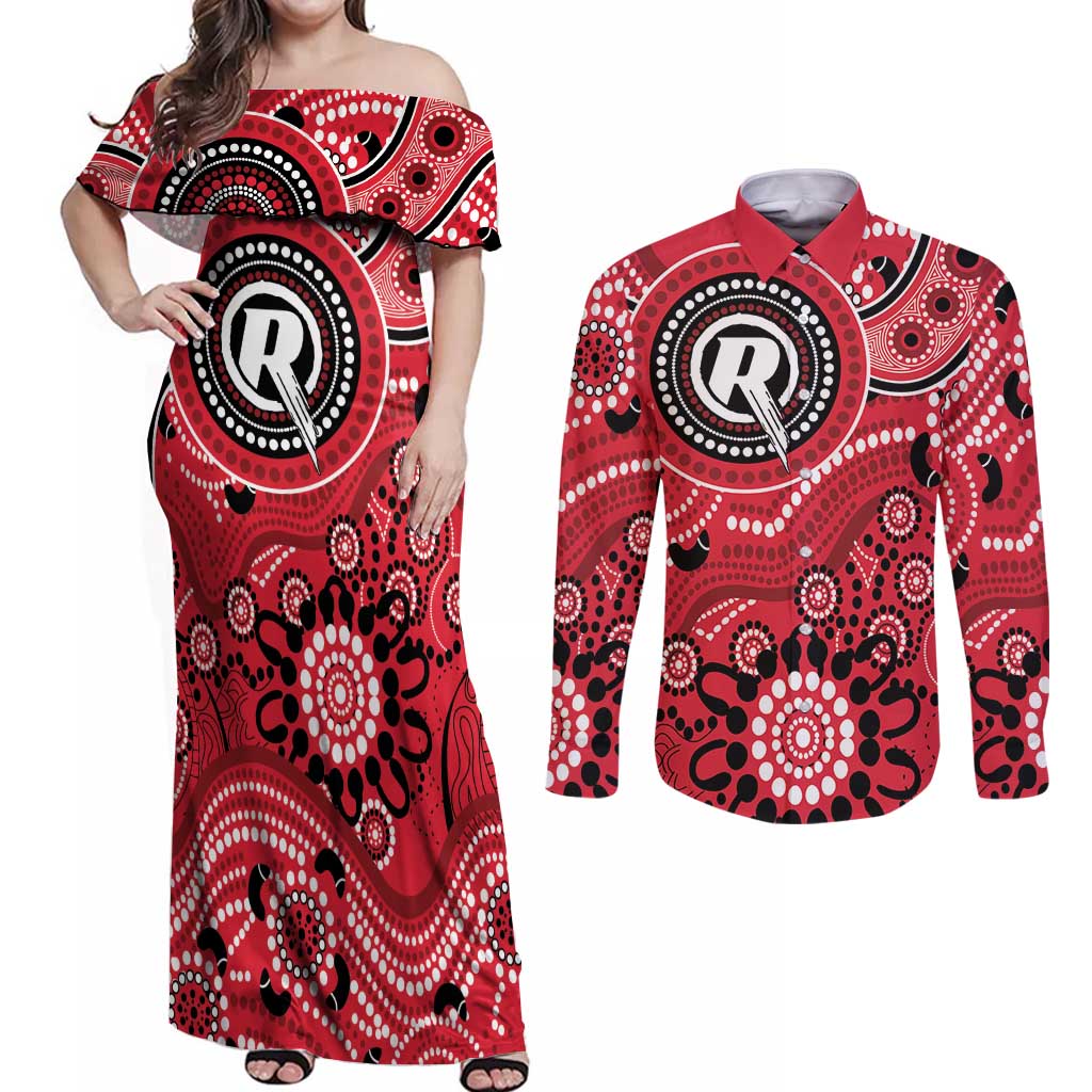 Renegades Cricket Custom Couples Matching Off Shoulder Maxi Dress and Long Sleeve Button Shirt Australian Aboriginal