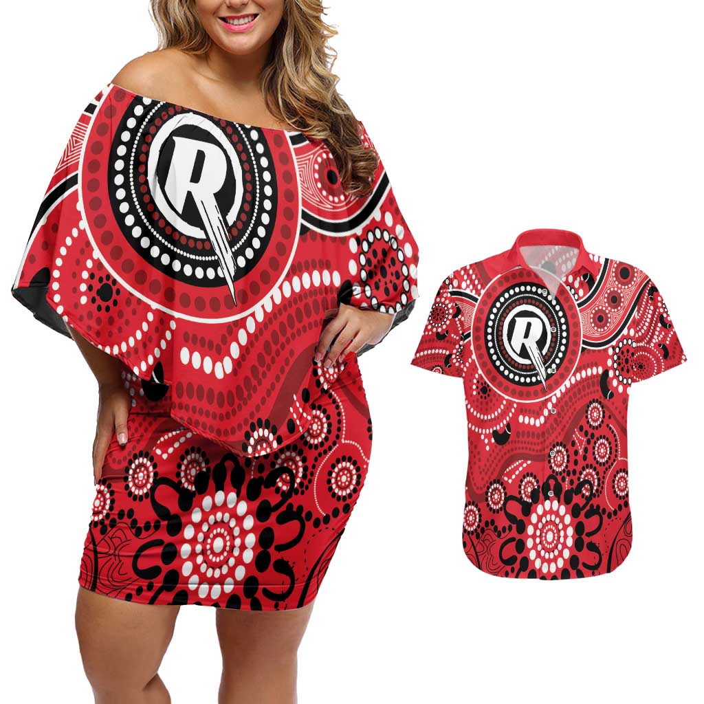 Renegades Cricket Custom Couples Matching Off Shoulder Short Dress and Hawaiian Shirt Australian Aboriginal