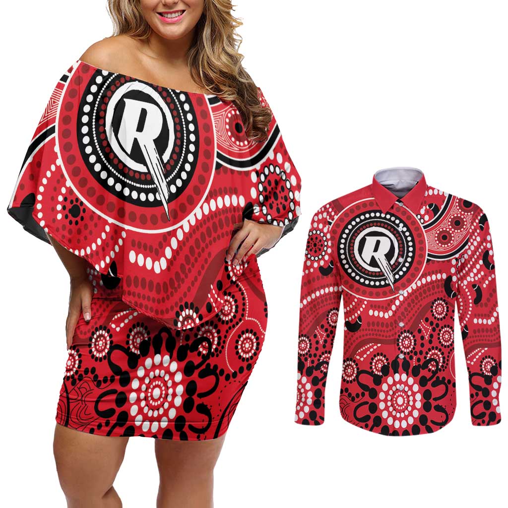 Renegades Cricket Custom Couples Matching Off Shoulder Short Dress and Long Sleeve Button Shirt Australian Aboriginal