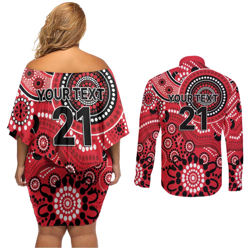 Renegades Cricket Custom Couples Matching Off Shoulder Short Dress and Long Sleeve Button Shirt Australian Aboriginal