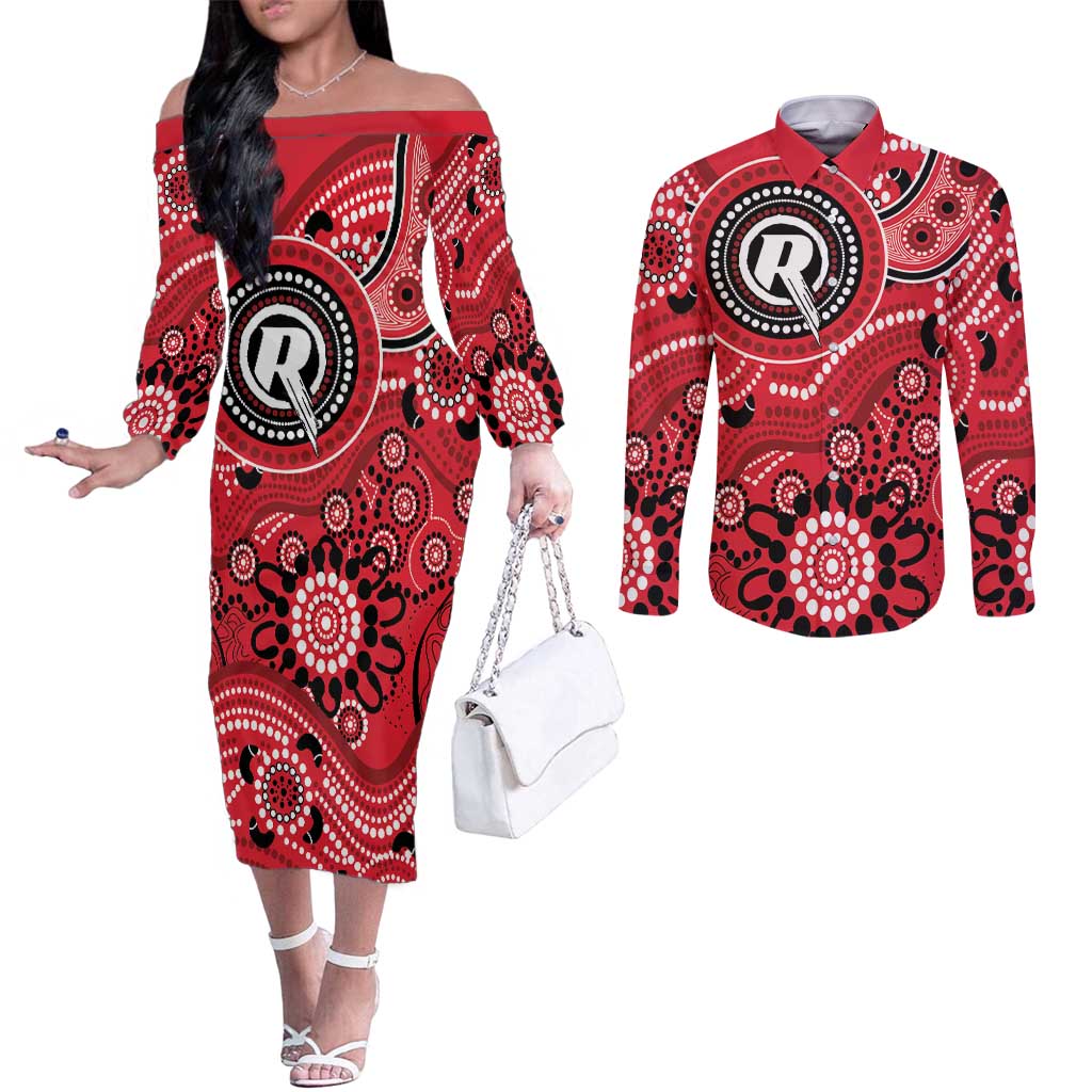 Renegades Cricket Custom Couples Matching Off The Shoulder Long Sleeve Dress and Long Sleeve Button Shirt Australian Aboriginal