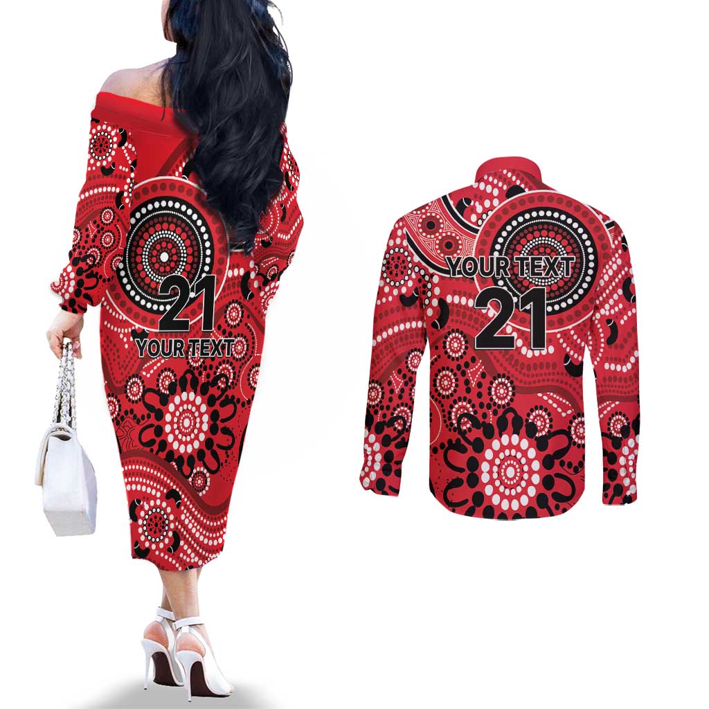 Renegades Cricket Custom Couples Matching Off The Shoulder Long Sleeve Dress and Long Sleeve Button Shirt Australian Aboriginal