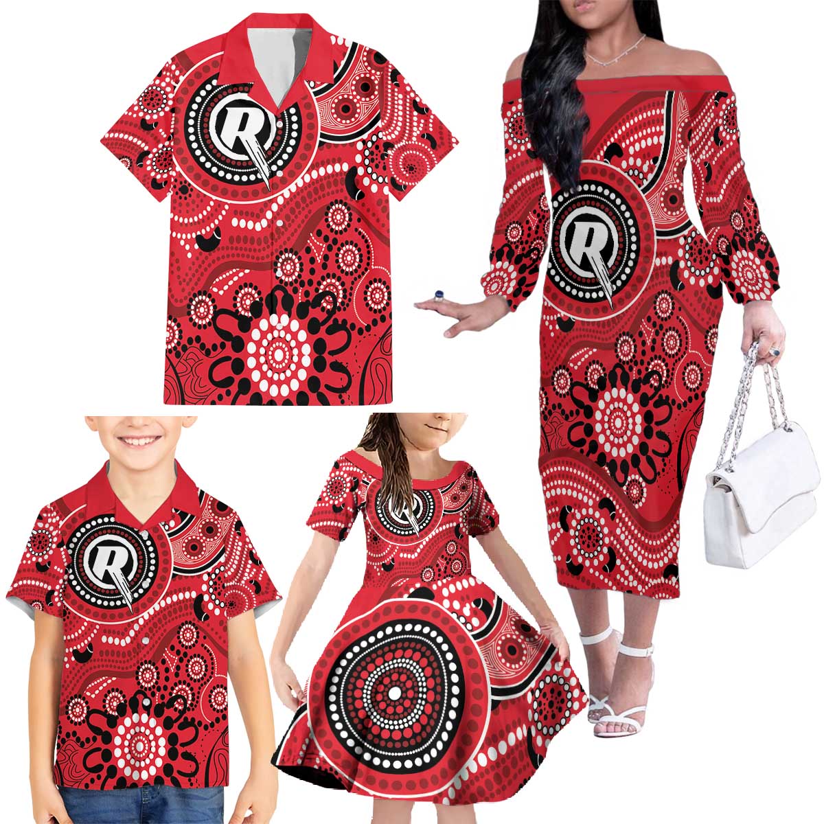 Renegades Cricket Custom Family Matching Off The Shoulder Long Sleeve Dress and Hawaiian Shirt Australian Aboriginal