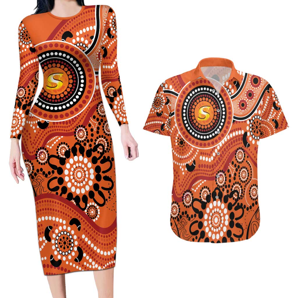 Scorchers Cricket Custom Couples Matching Long Sleeve Bodycon Dress and Hawaiian Shirt Australian Aboriginal