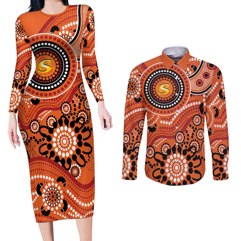 Scorchers Cricket Custom Couples Matching Long Sleeve Bodycon Dress and Long Sleeve Button Shirt Australian Aboriginal