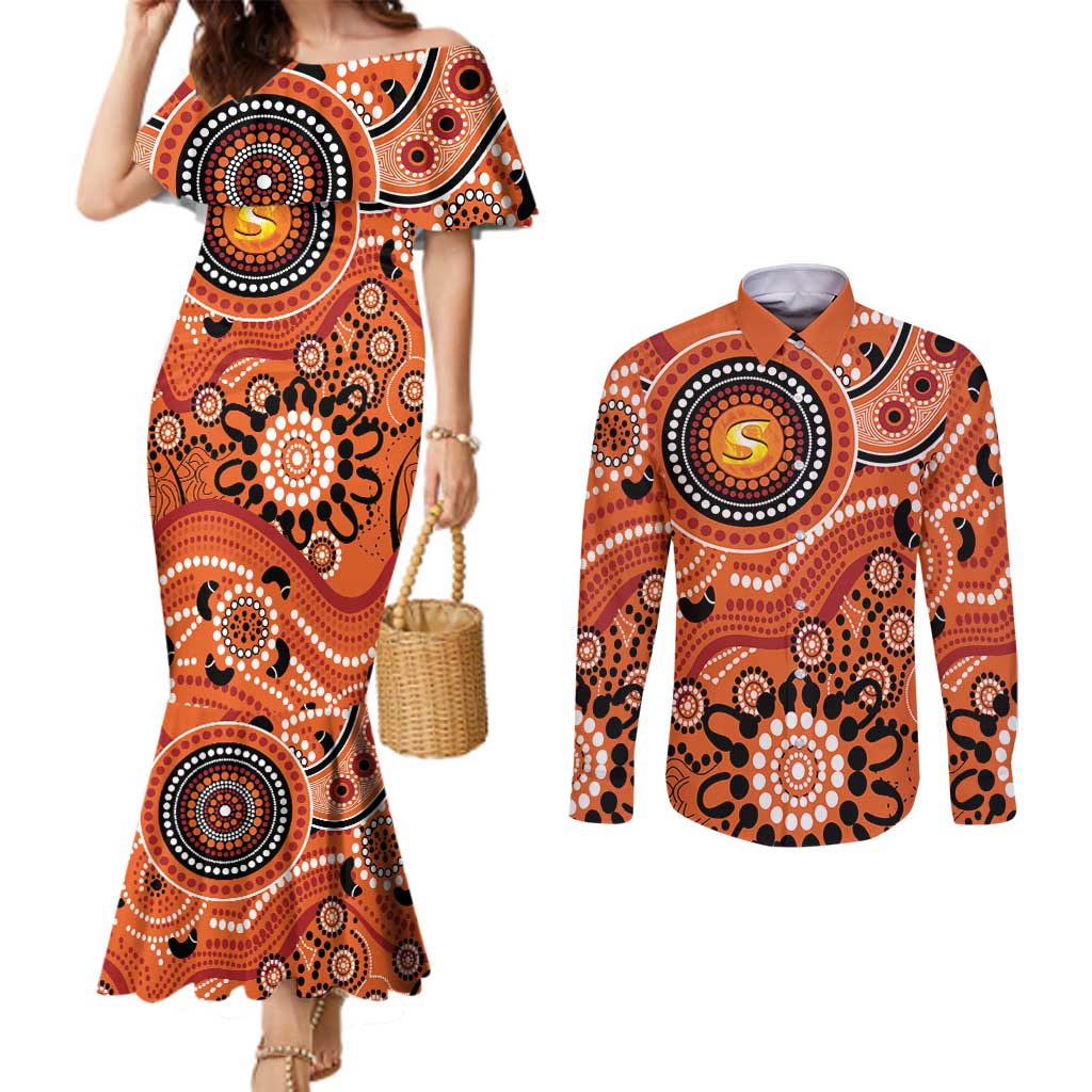 Scorchers Cricket Custom Couples Matching Mermaid Dress and Long Sleeve Button Shirt Australian Aboriginal