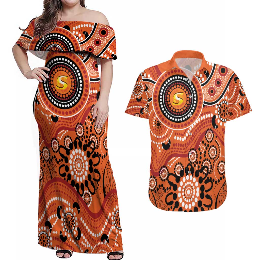 Scorchers Cricket Custom Couples Matching Off Shoulder Maxi Dress and Hawaiian Shirt Australian Aboriginal