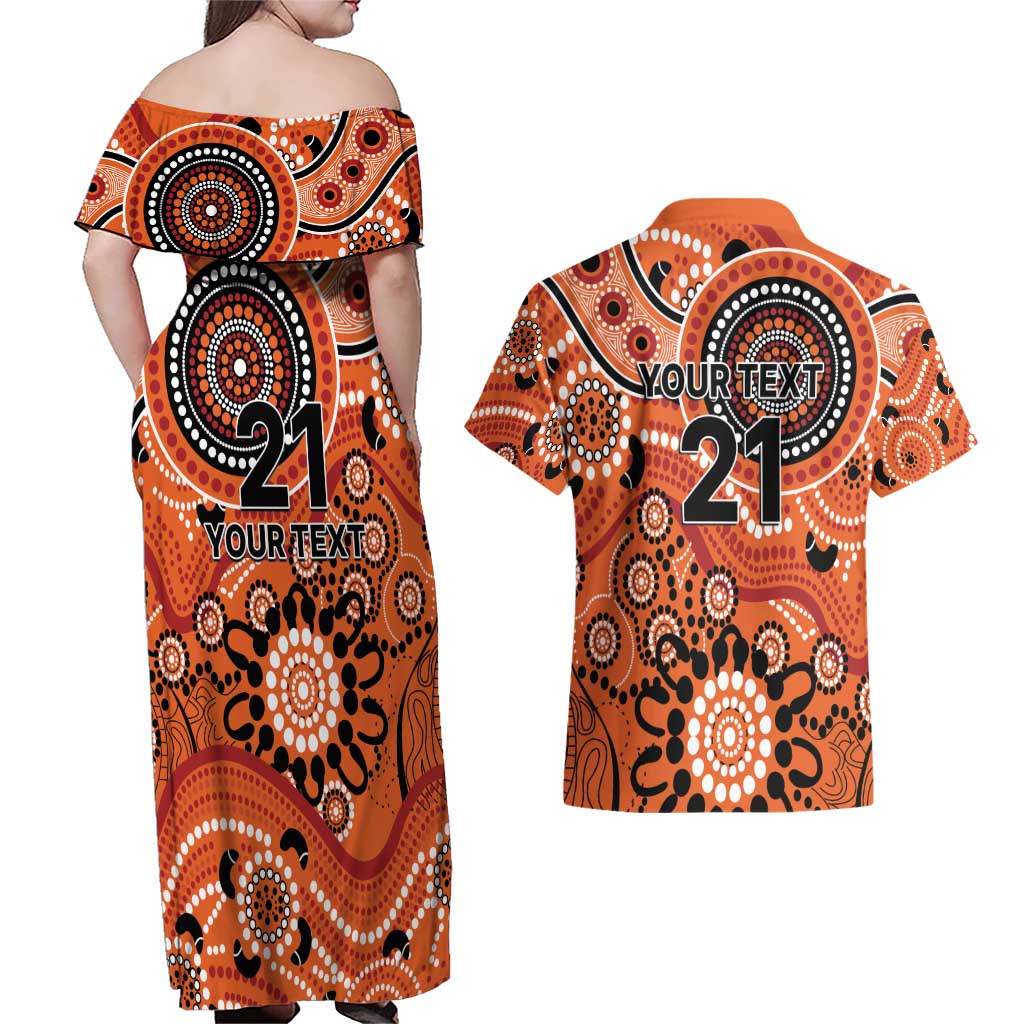 Scorchers Cricket Custom Couples Matching Off Shoulder Maxi Dress and Hawaiian Shirt Australian Aboriginal