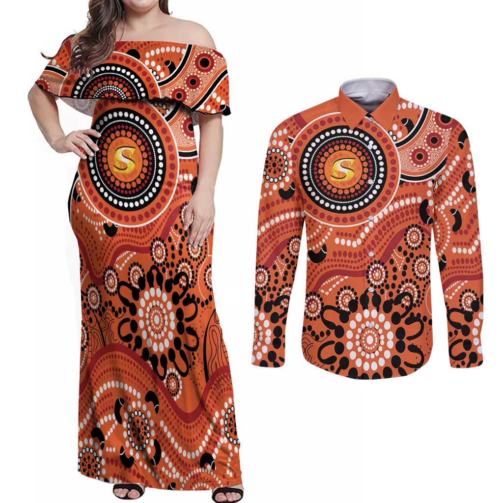 Scorchers Cricket Custom Couples Matching Off Shoulder Maxi Dress and Long Sleeve Button Shirt Australian Aboriginal