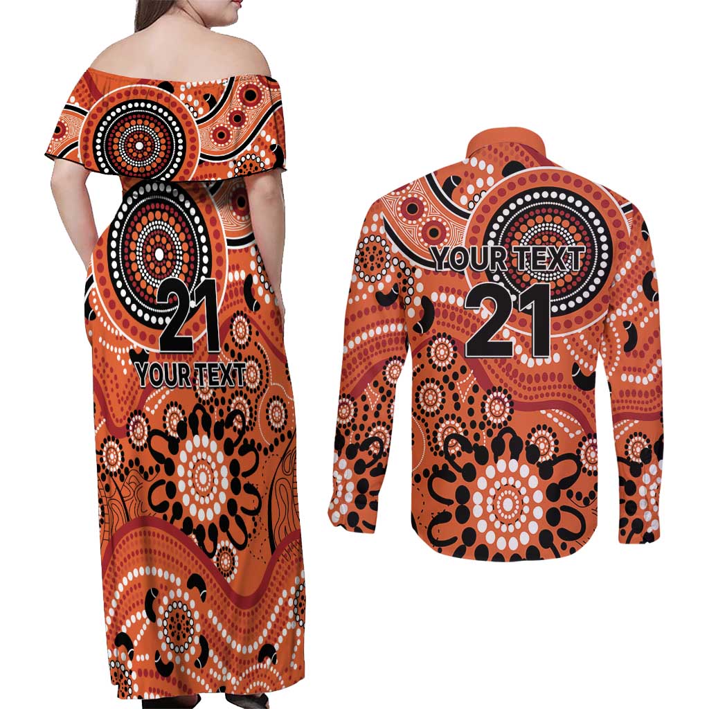 Scorchers Cricket Custom Couples Matching Off Shoulder Maxi Dress and Long Sleeve Button Shirt Australian Aboriginal