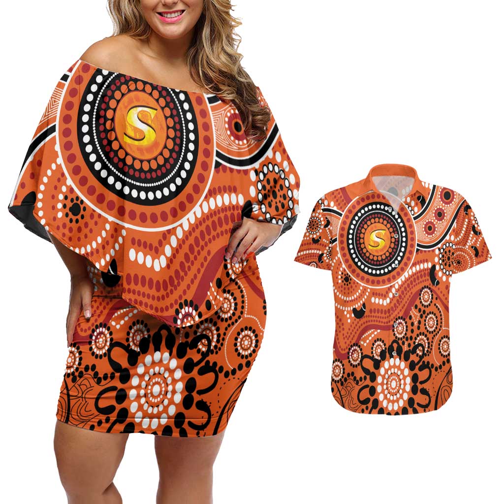 Scorchers Cricket Custom Couples Matching Off Shoulder Short Dress and Hawaiian Shirt Australian Aboriginal