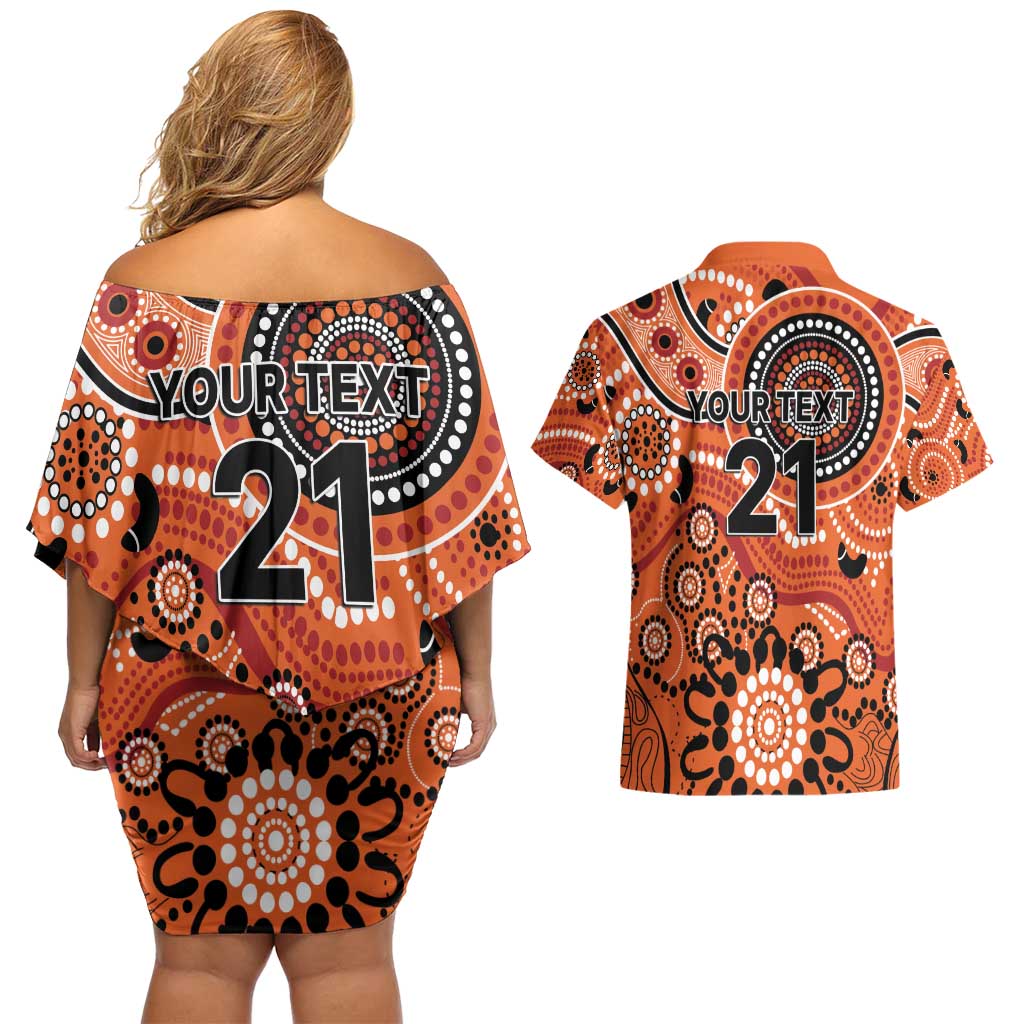 Scorchers Cricket Custom Couples Matching Off Shoulder Short Dress and Hawaiian Shirt Australian Aboriginal