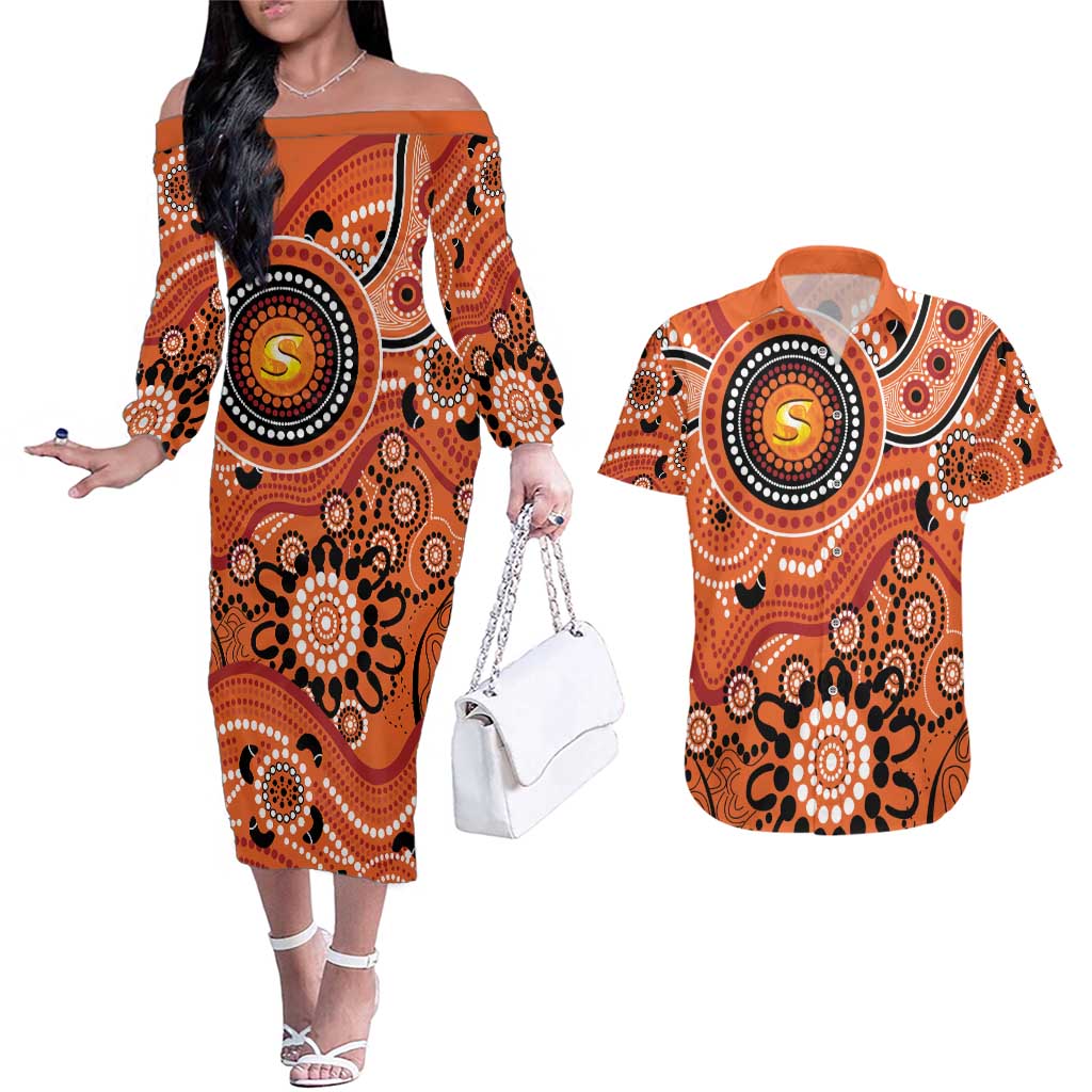 Scorchers Cricket Custom Couples Matching Off The Shoulder Long Sleeve Dress and Hawaiian Shirt Australian Aboriginal