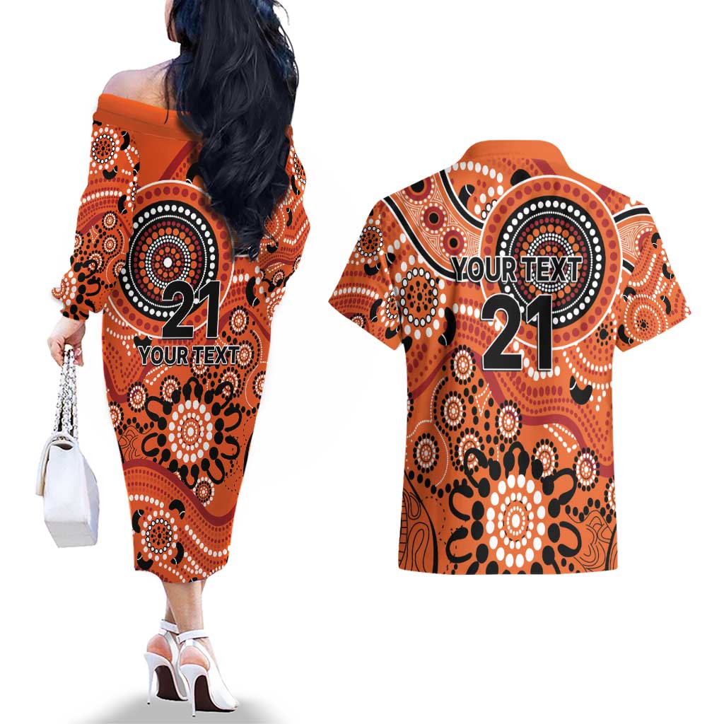 Scorchers Cricket Custom Couples Matching Off The Shoulder Long Sleeve Dress and Hawaiian Shirt Australian Aboriginal