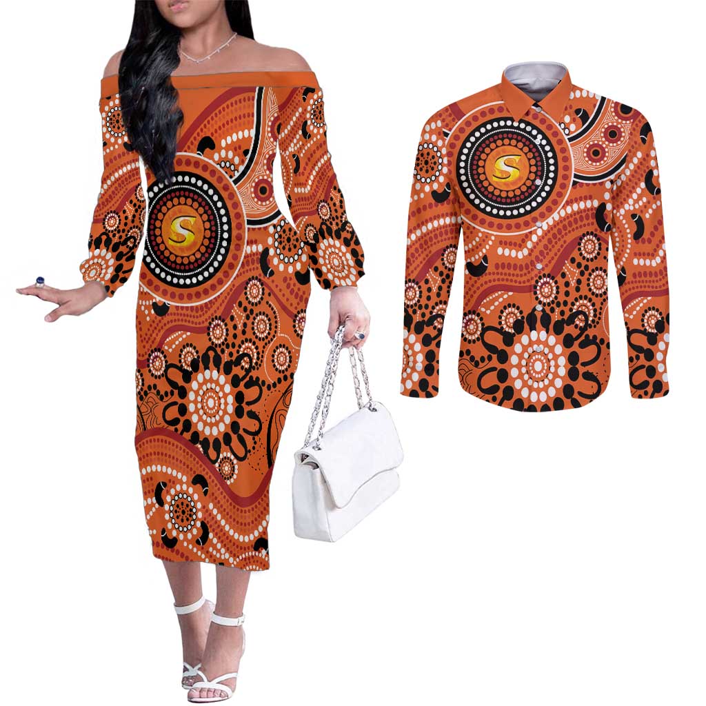 Scorchers Cricket Custom Couples Matching Off The Shoulder Long Sleeve Dress and Long Sleeve Button Shirt Australian Aboriginal