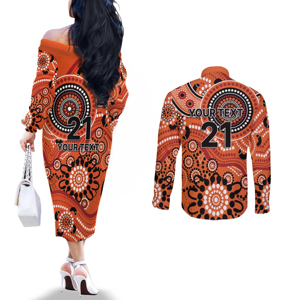 Scorchers Cricket Custom Couples Matching Off The Shoulder Long Sleeve Dress and Long Sleeve Button Shirt Australian Aboriginal