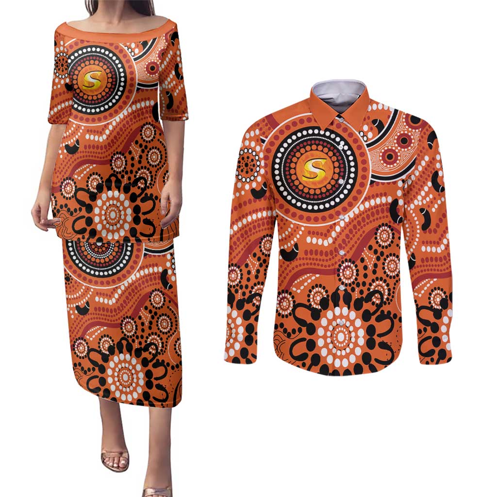 Scorchers Cricket Custom Couples Matching Puletasi and Long Sleeve Button Shirt Australian Aboriginal