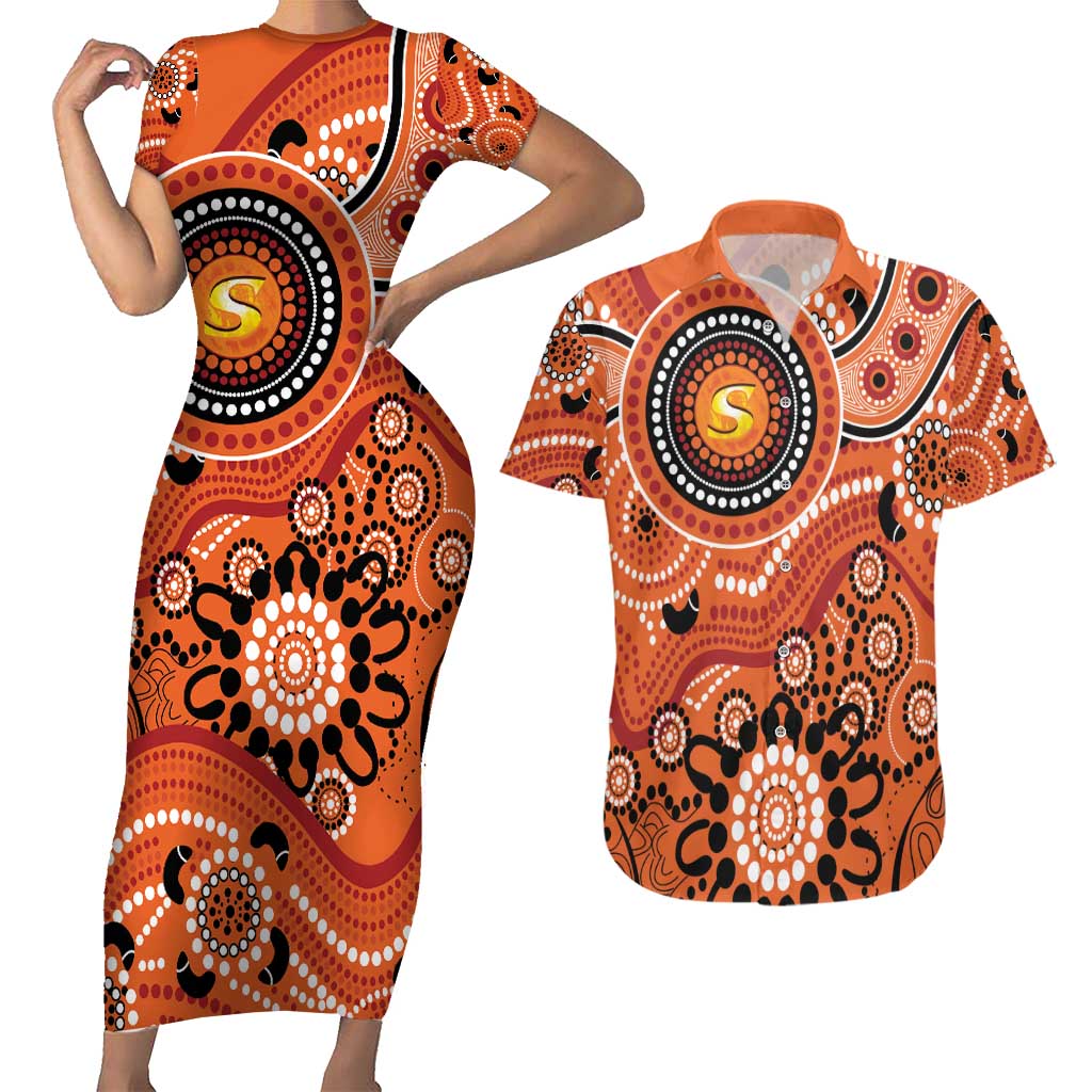 Scorchers Cricket Custom Couples Matching Short Sleeve Bodycon Dress and Hawaiian Shirt Australian Aboriginal