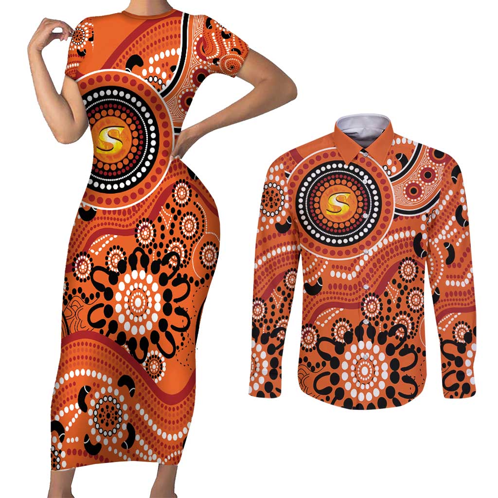 Scorchers Cricket Custom Couples Matching Short Sleeve Bodycon Dress and Long Sleeve Button Shirt Australian Aboriginal