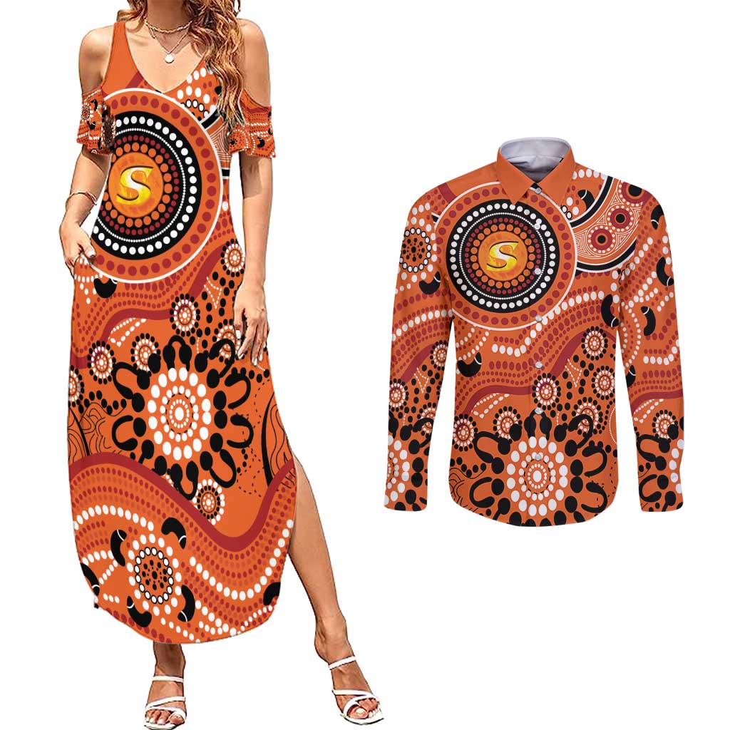 Scorchers Cricket Custom Couples Matching Summer Maxi Dress and Long Sleeve Button Shirt Australian Aboriginal