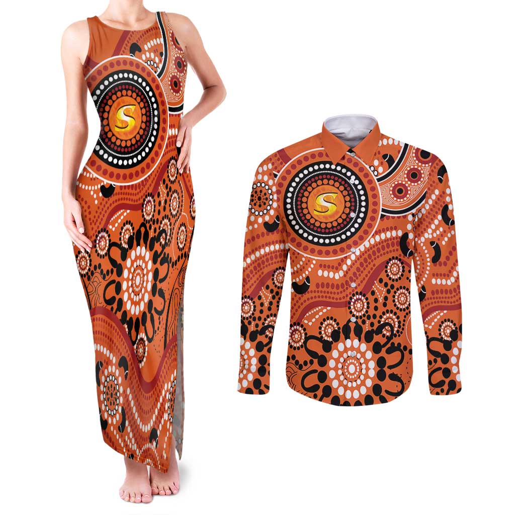 Scorchers Cricket Custom Couples Matching Tank Maxi Dress and Long Sleeve Button Shirt Australian Aboriginal