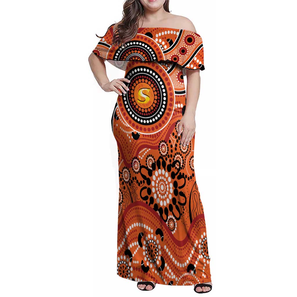 Scorchers Cricket Custom Family Matching Off Shoulder Maxi Dress and Hawaiian Shirt Australian Aboriginal