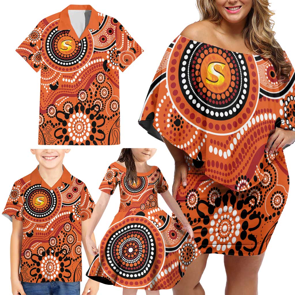 Scorchers Cricket Custom Family Matching Off Shoulder Short Dress and Hawaiian Shirt Australian Aboriginal