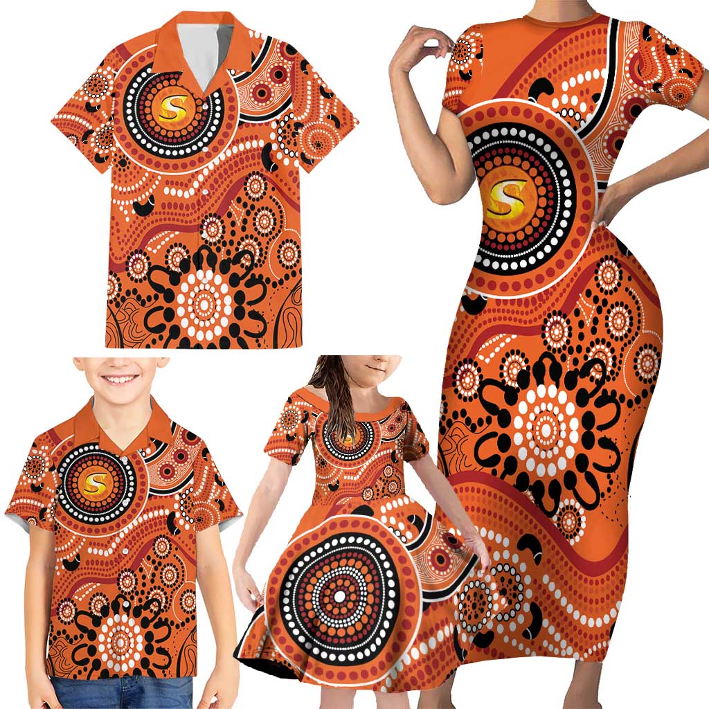 Scorchers Cricket Custom Family Matching Short Sleeve Bodycon Dress and Hawaiian Shirt Australian Aboriginal