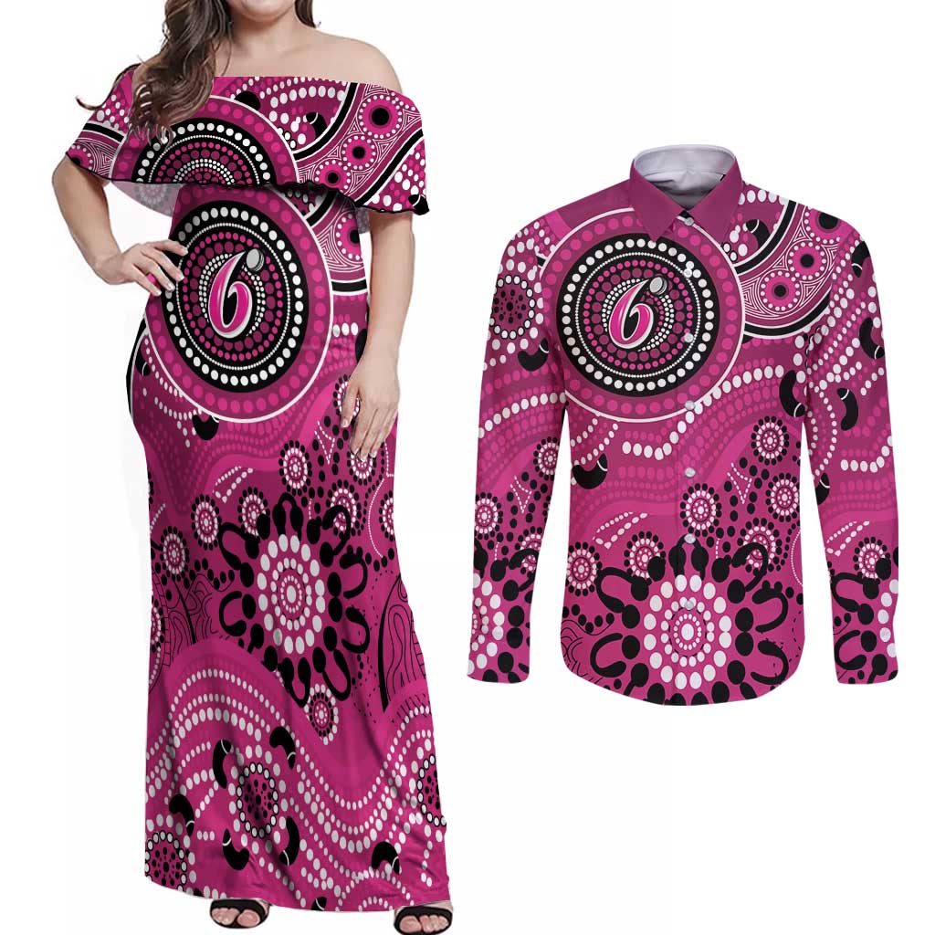 Sixers Cricket Custom Couples Matching Off Shoulder Maxi Dress and Long Sleeve Button Shirt Australian Aboriginal