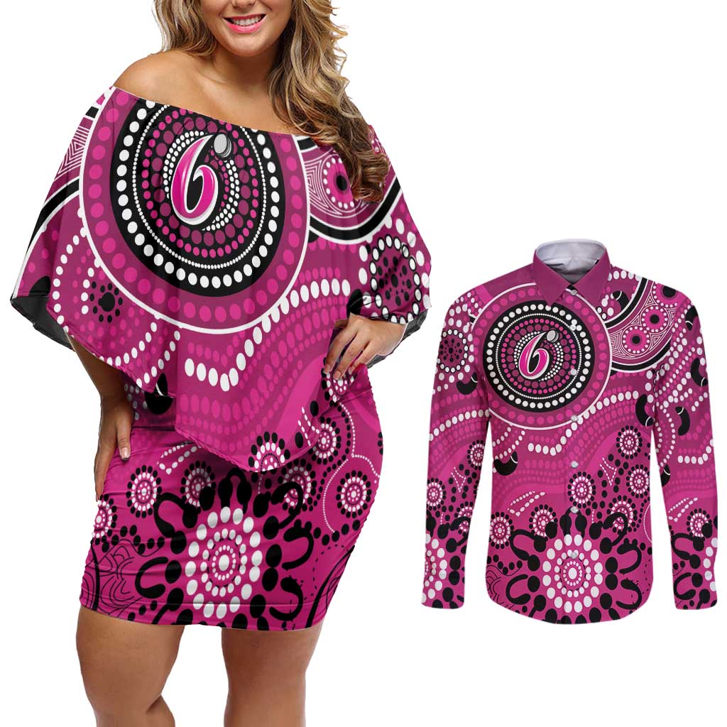 Sixers Cricket Custom Couples Matching Off Shoulder Short Dress and Long Sleeve Button Shirt Australian Aboriginal