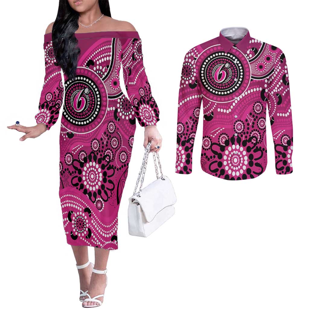 Sixers Cricket Custom Couples Matching Off The Shoulder Long Sleeve Dress and Long Sleeve Button Shirt Australian Aboriginal