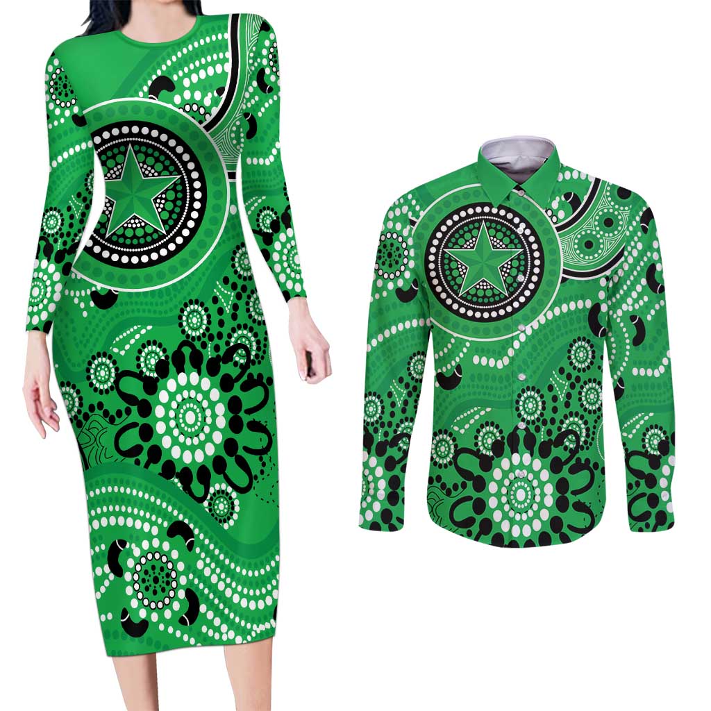 Stars Cricket Custom Couples Matching Long Sleeve Bodycon Dress and Long Sleeve Button Shirt Australian Aboriginal