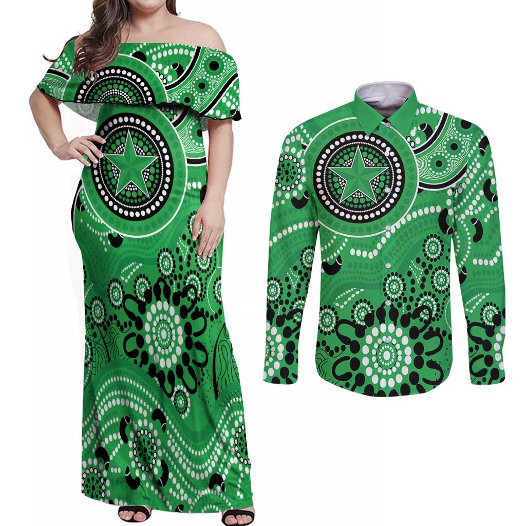 Stars Cricket Custom Couples Matching Off Shoulder Maxi Dress and Long Sleeve Button Shirt Australian Aboriginal