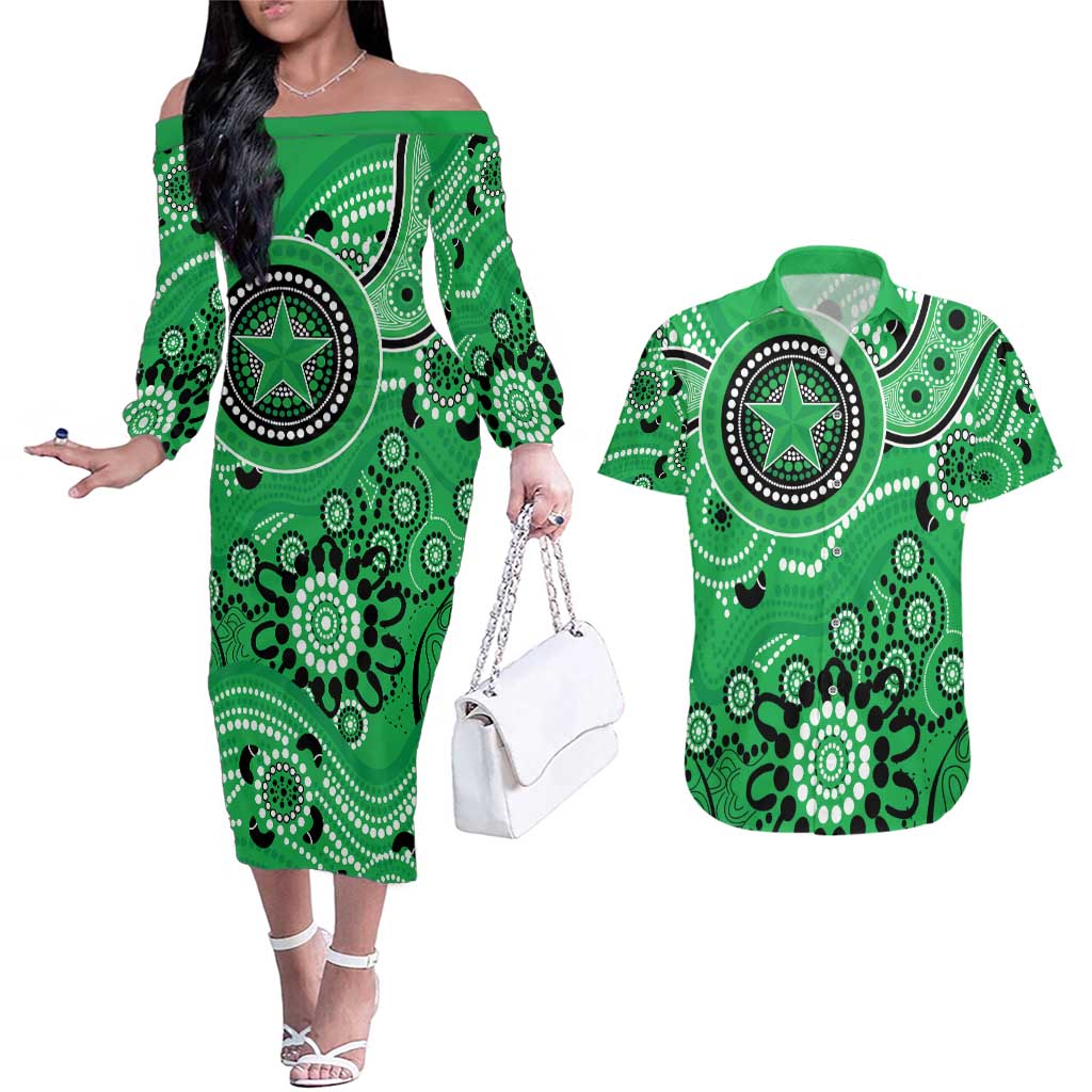 Stars Cricket Custom Couples Matching Off The Shoulder Long Sleeve Dress and Hawaiian Shirt Australian Aboriginal