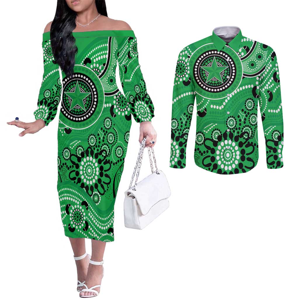 Stars Cricket Custom Couples Matching Off The Shoulder Long Sleeve Dress and Long Sleeve Button Shirt Australian Aboriginal