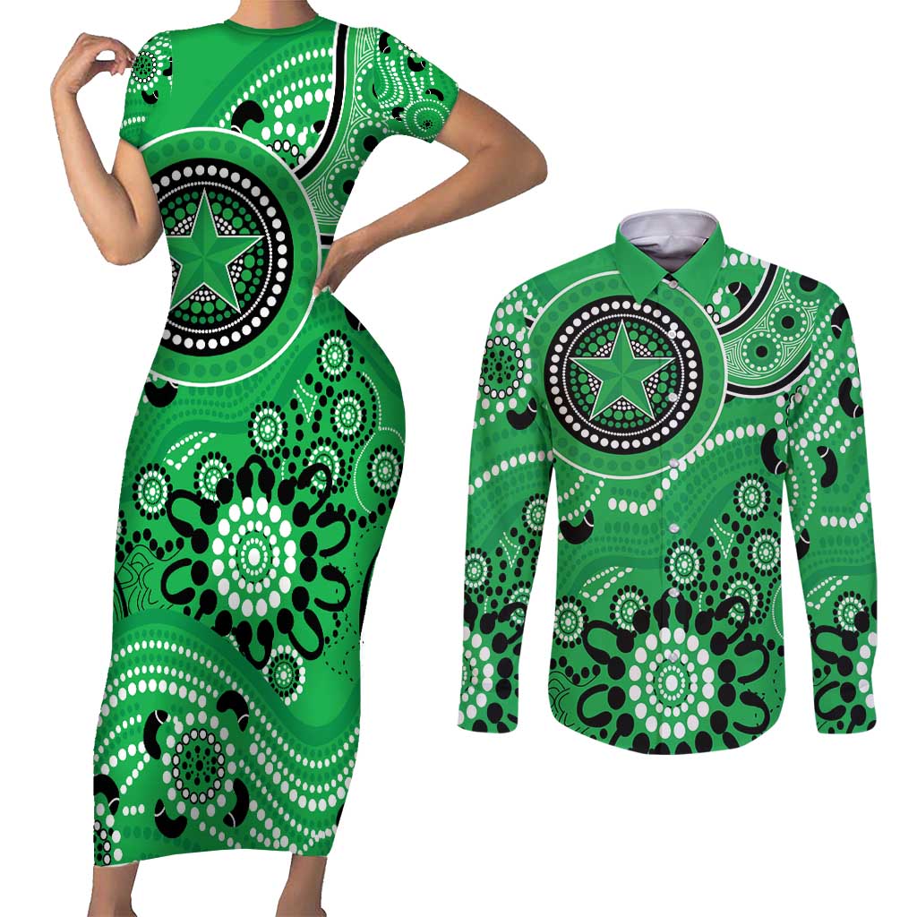 Stars Cricket Custom Couples Matching Short Sleeve Bodycon Dress and Long Sleeve Button Shirt Australian Aboriginal