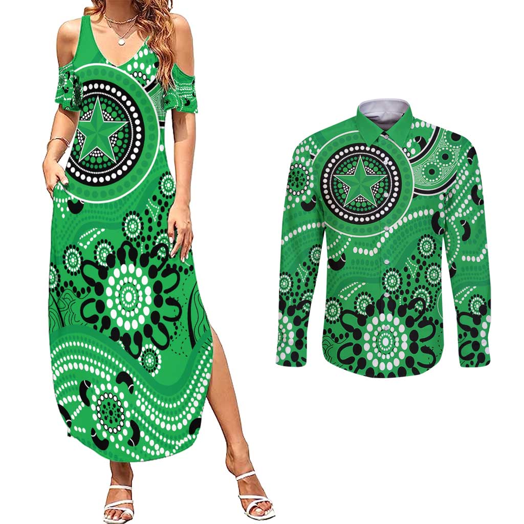 Stars Cricket Custom Couples Matching Summer Maxi Dress and Long Sleeve Button Shirt Australian Aboriginal