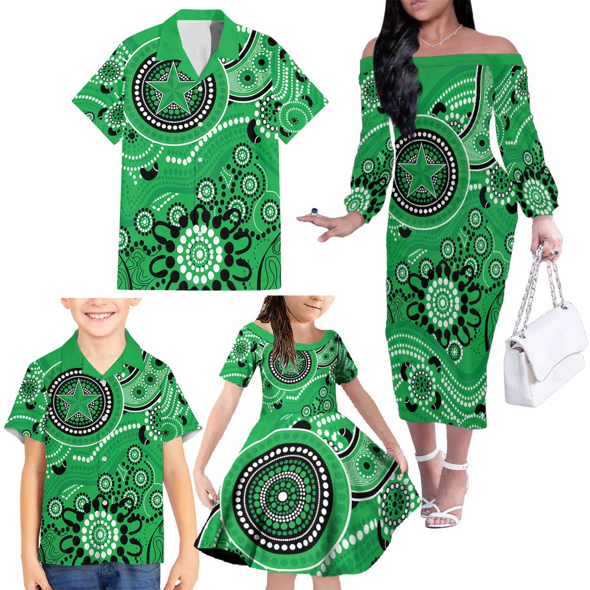 Stars Cricket Custom Family Matching Off The Shoulder Long Sleeve Dress and Hawaiian Shirt Australian Aboriginal