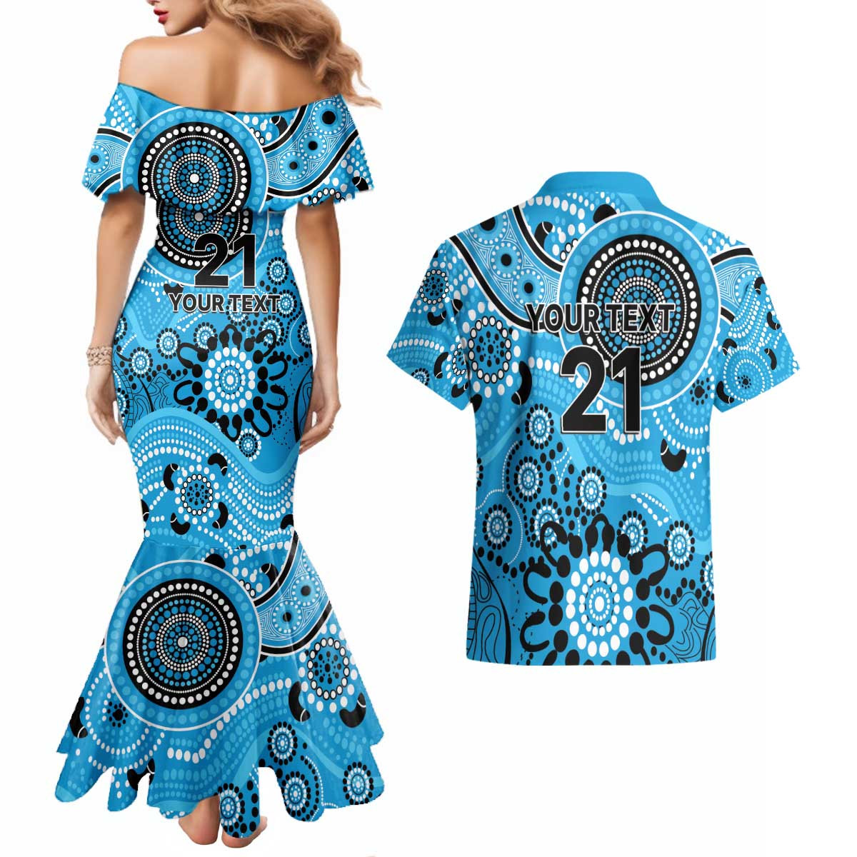 Strikers Cricket Custom Couples Matching Mermaid Dress and Hawaiian Shirt Australian Aboriginal