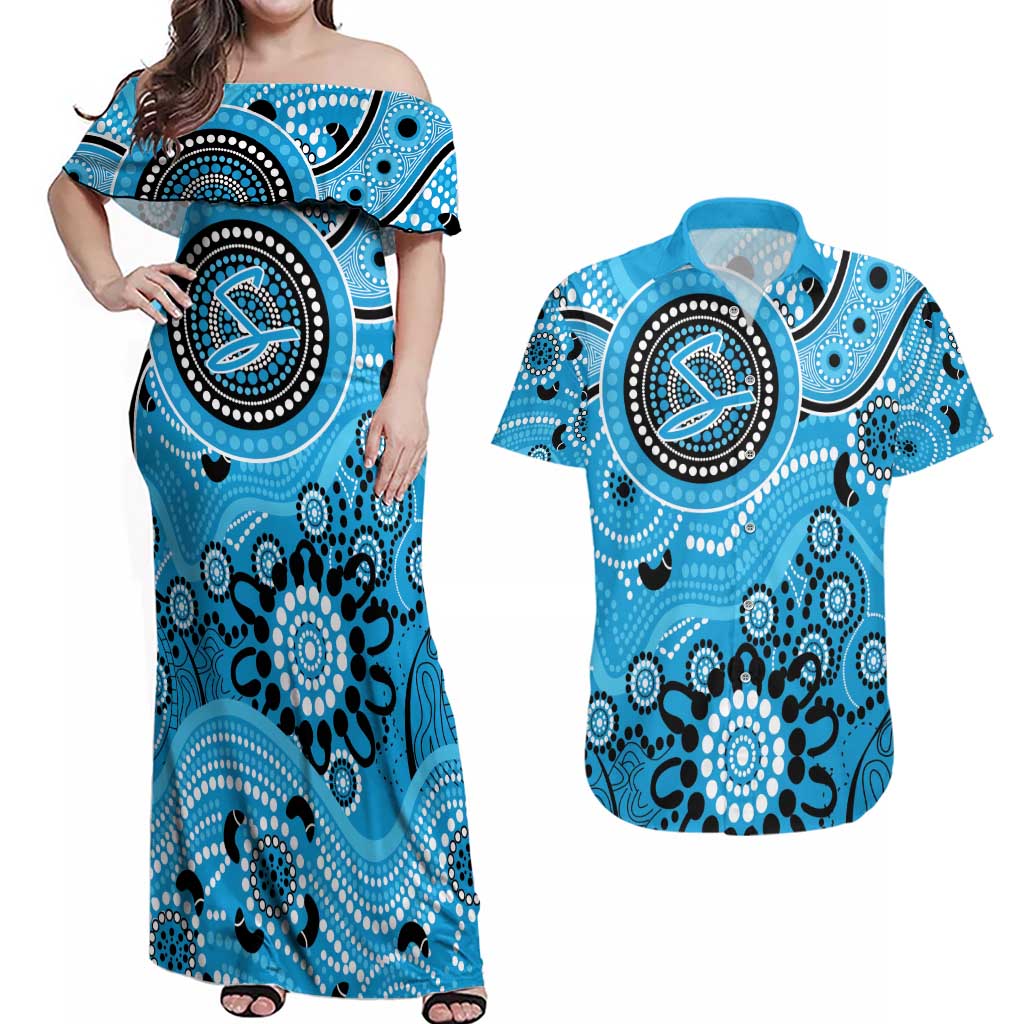 Strikers Cricket Custom Couples Matching Off Shoulder Maxi Dress and Hawaiian Shirt Australian Aboriginal