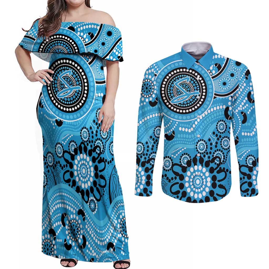 Strikers Cricket Custom Couples Matching Off Shoulder Maxi Dress and Long Sleeve Button Shirt Australian Aboriginal