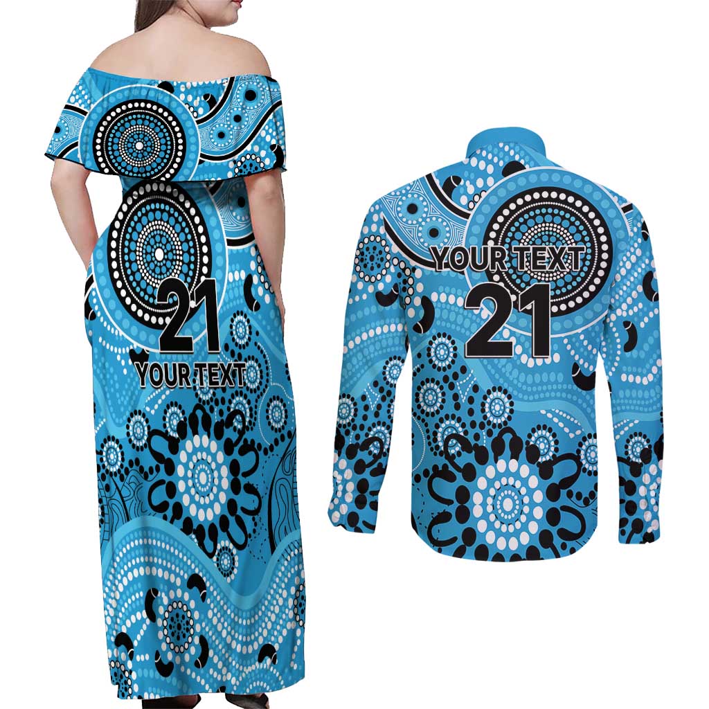 Strikers Cricket Custom Couples Matching Off Shoulder Maxi Dress and Long Sleeve Button Shirt Australian Aboriginal