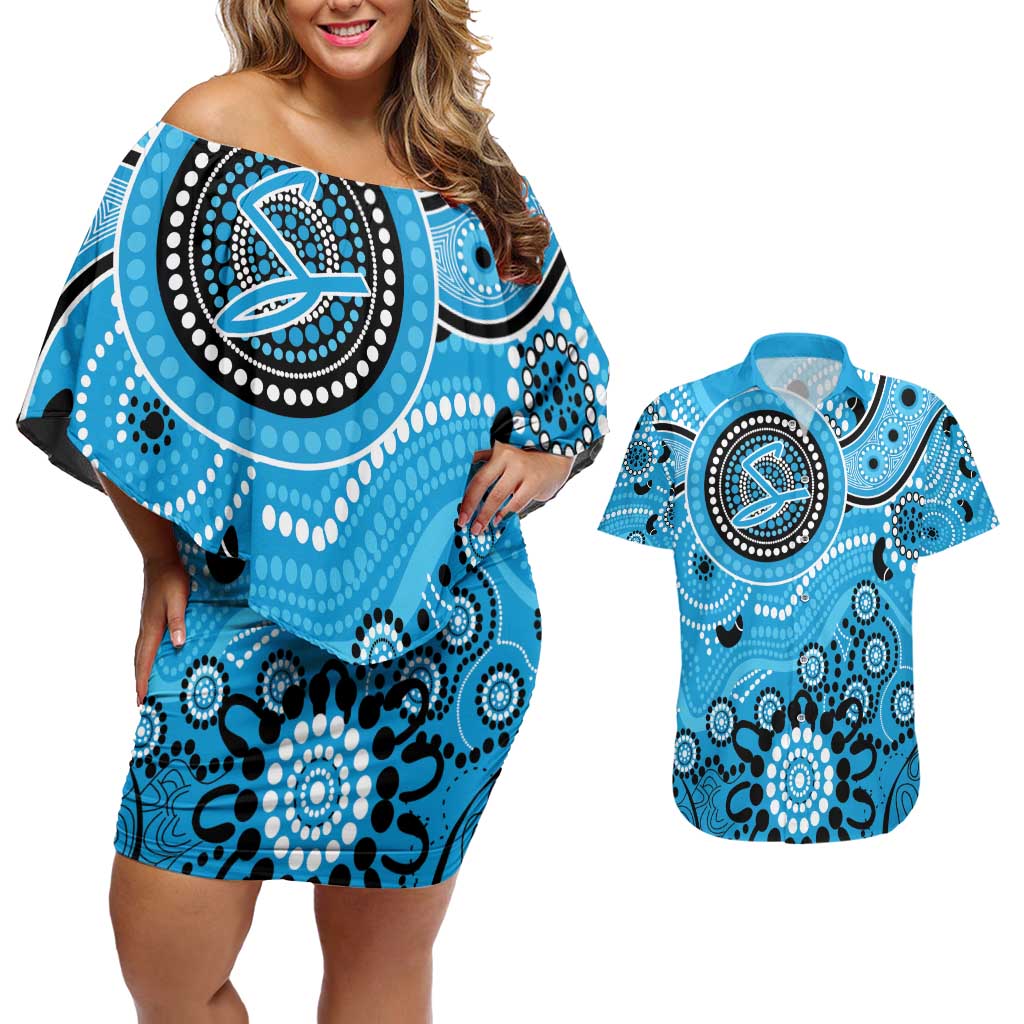 Strikers Cricket Custom Couples Matching Off Shoulder Short Dress and Hawaiian Shirt Australian Aboriginal