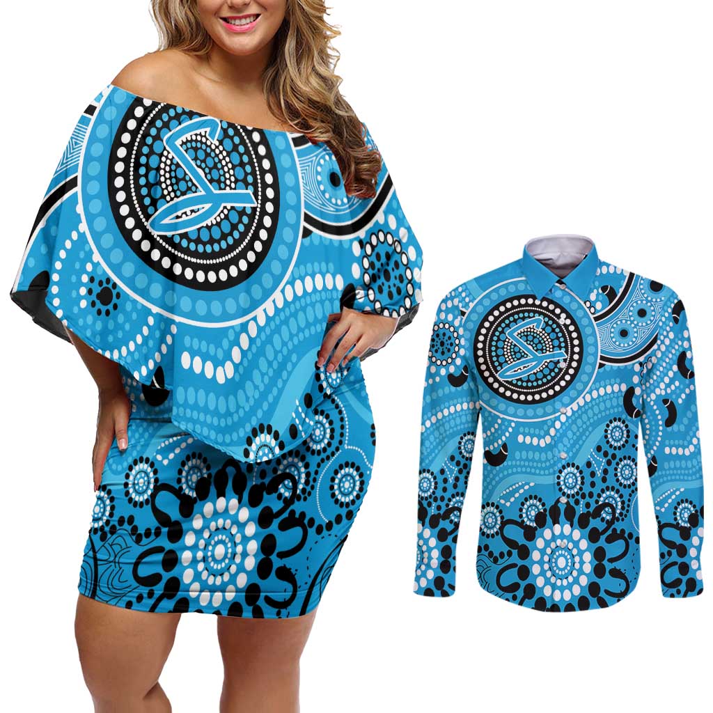 Strikers Cricket Custom Couples Matching Off Shoulder Short Dress and Long Sleeve Button Shirt Australian Aboriginal