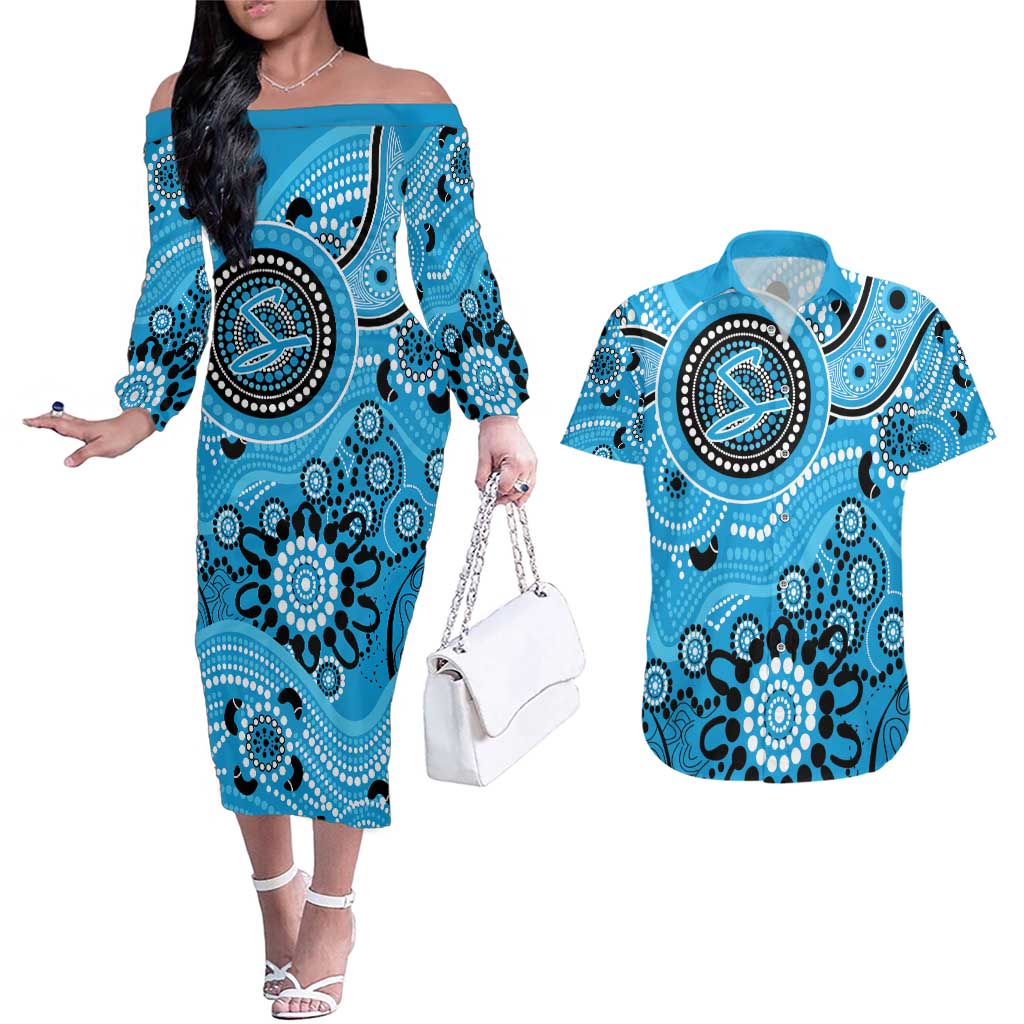 Strikers Cricket Custom Couples Matching Off The Shoulder Long Sleeve Dress and Hawaiian Shirt Australian Aboriginal