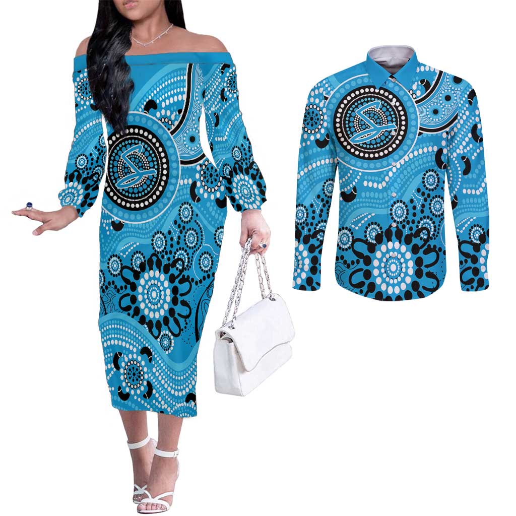 Strikers Cricket Custom Couples Matching Off The Shoulder Long Sleeve Dress and Long Sleeve Button Shirt Australian Aboriginal