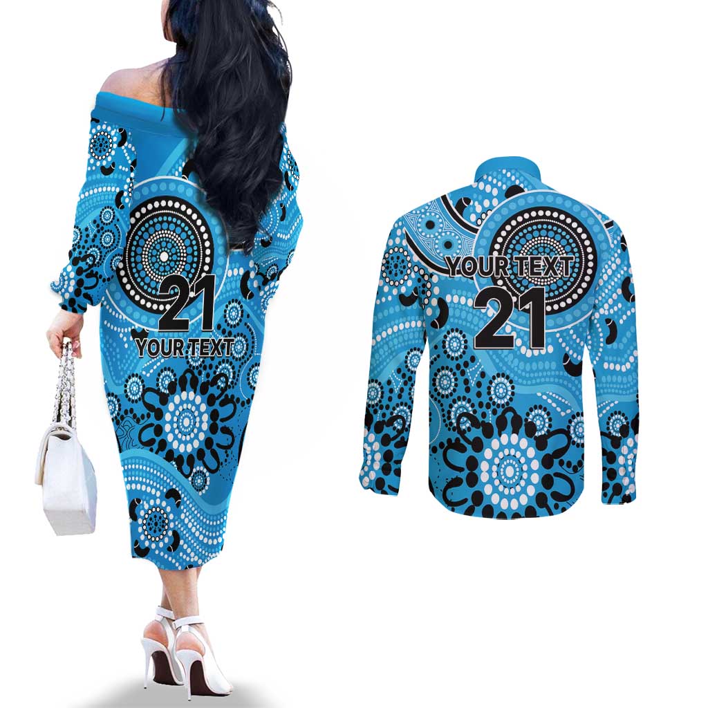 Strikers Cricket Custom Couples Matching Off The Shoulder Long Sleeve Dress and Long Sleeve Button Shirt Australian Aboriginal