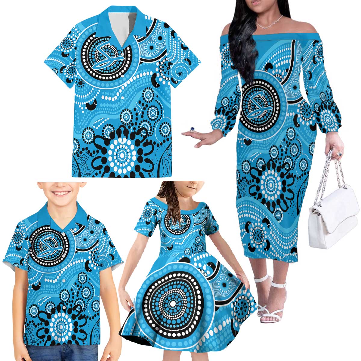 Strikers Cricket Custom Family Matching Off The Shoulder Long Sleeve Dress and Hawaiian Shirt Australian Aboriginal